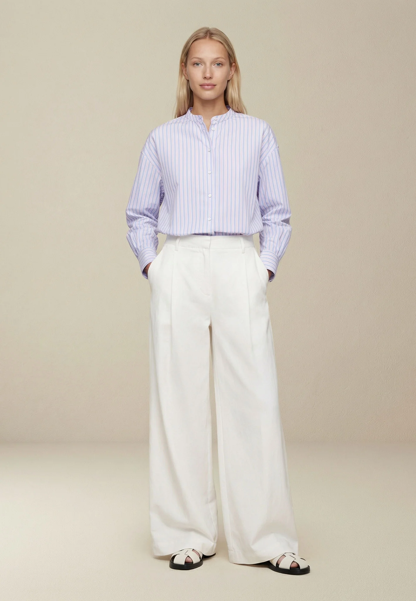 Bluse aus Baumwolle mit Streifenmuster und Stehkragen - Image 2