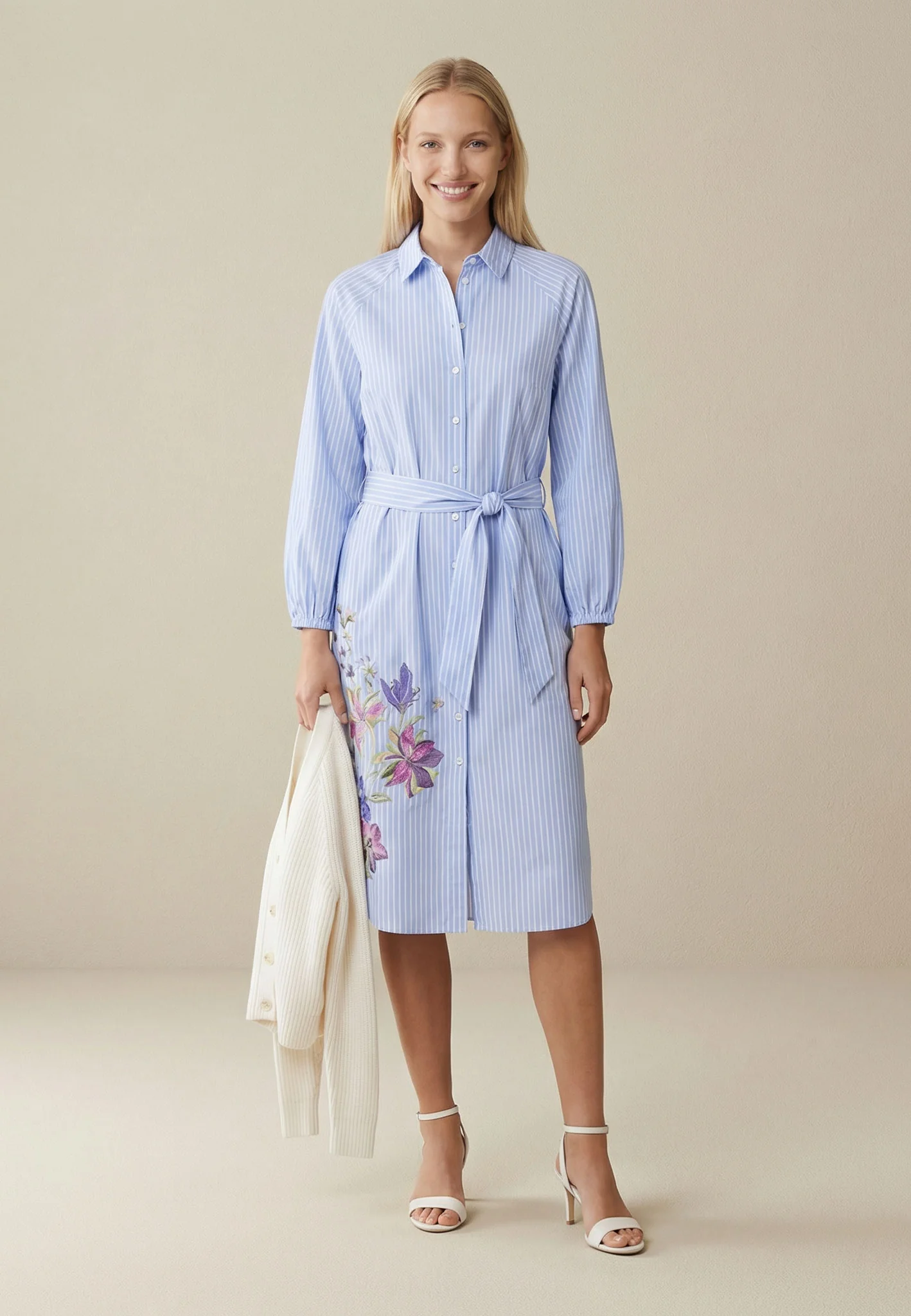 Blusenkleid aus Baumwollmix mit Streifenmuster und Bindegürtel