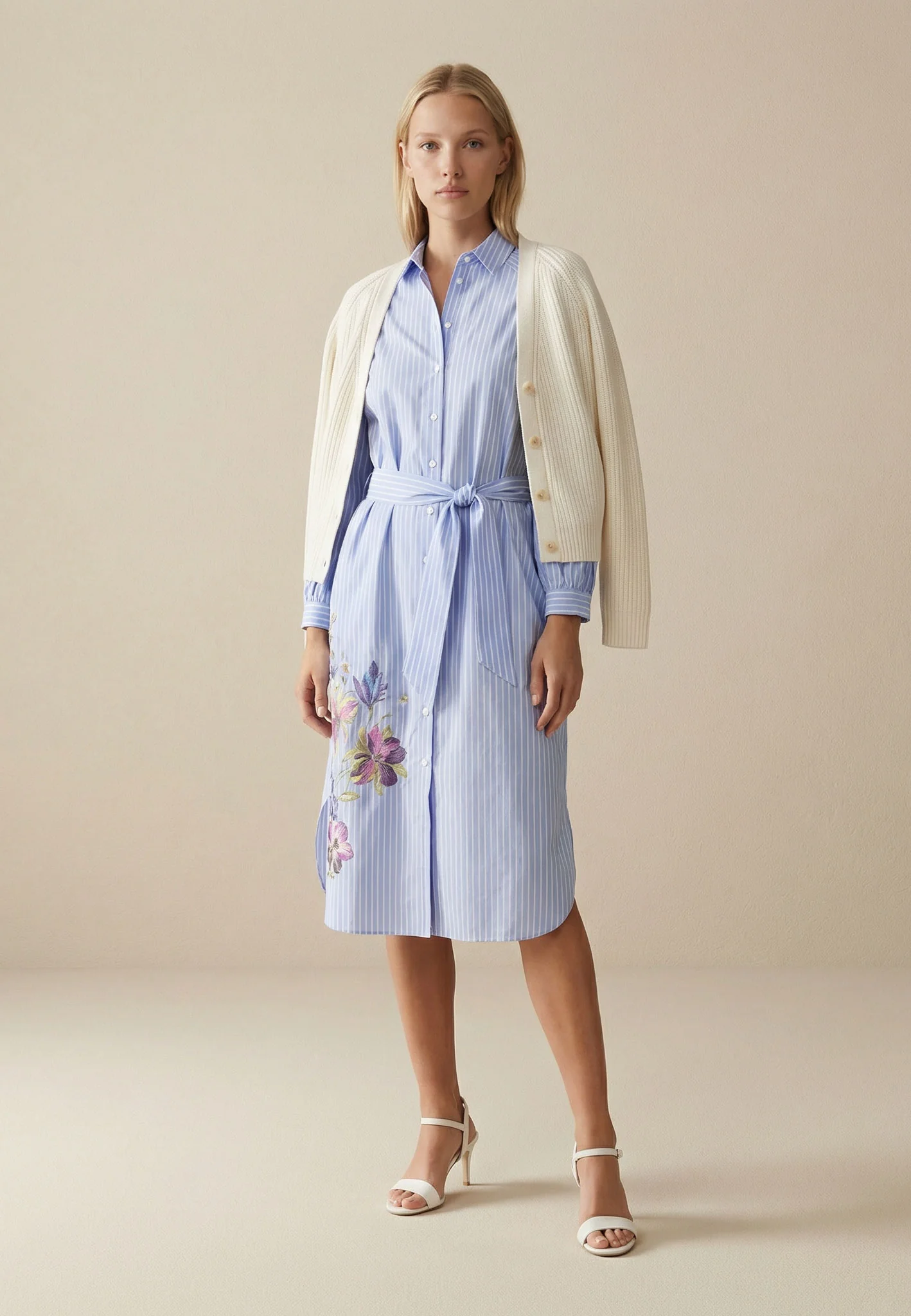 Blusenkleid aus Baumwollmix mit Streifenmuster und Bindegürtel - Image 3