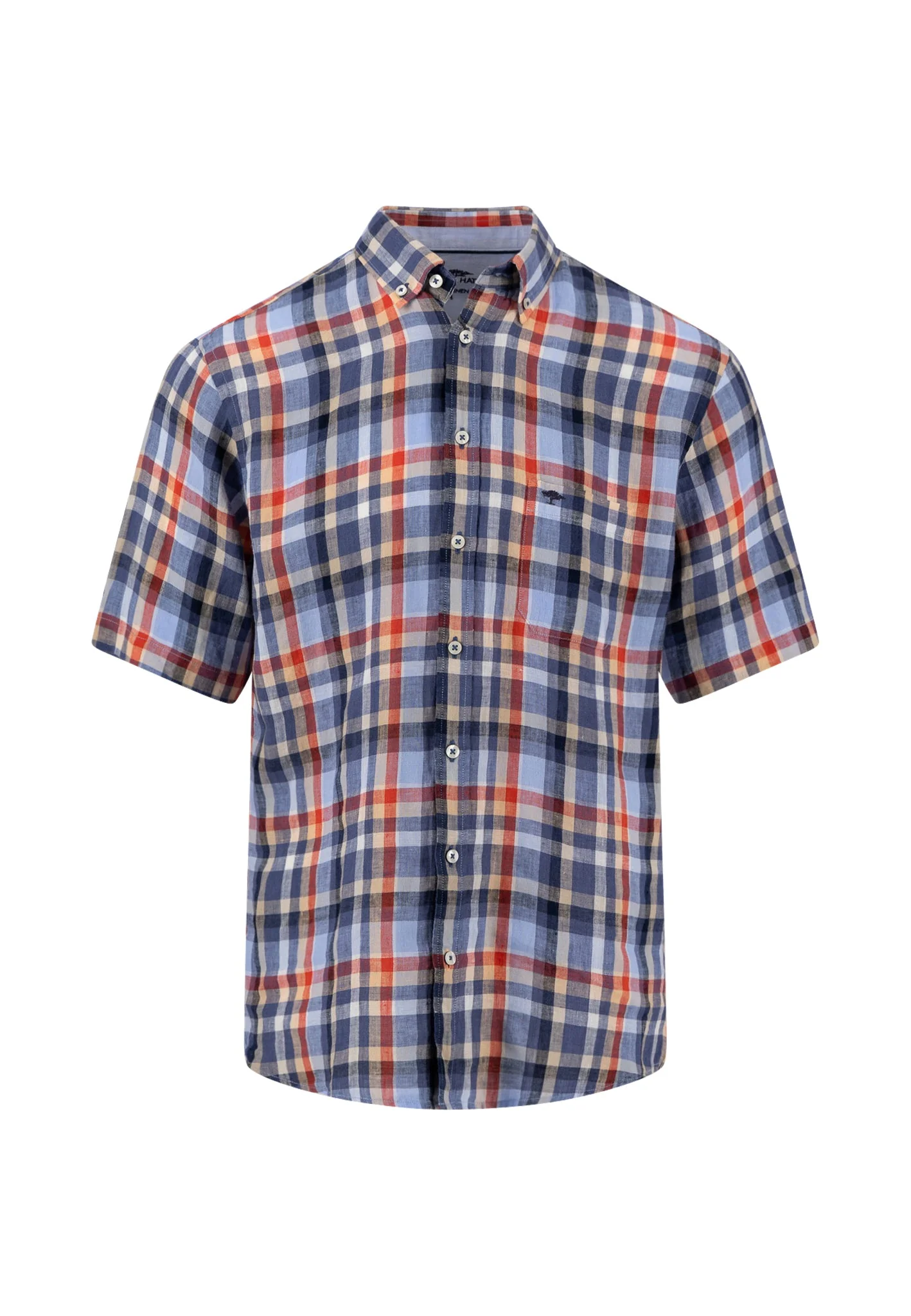 Kurzarmhemd aus Leinen mit Karomuster und Button-Down-Kragen