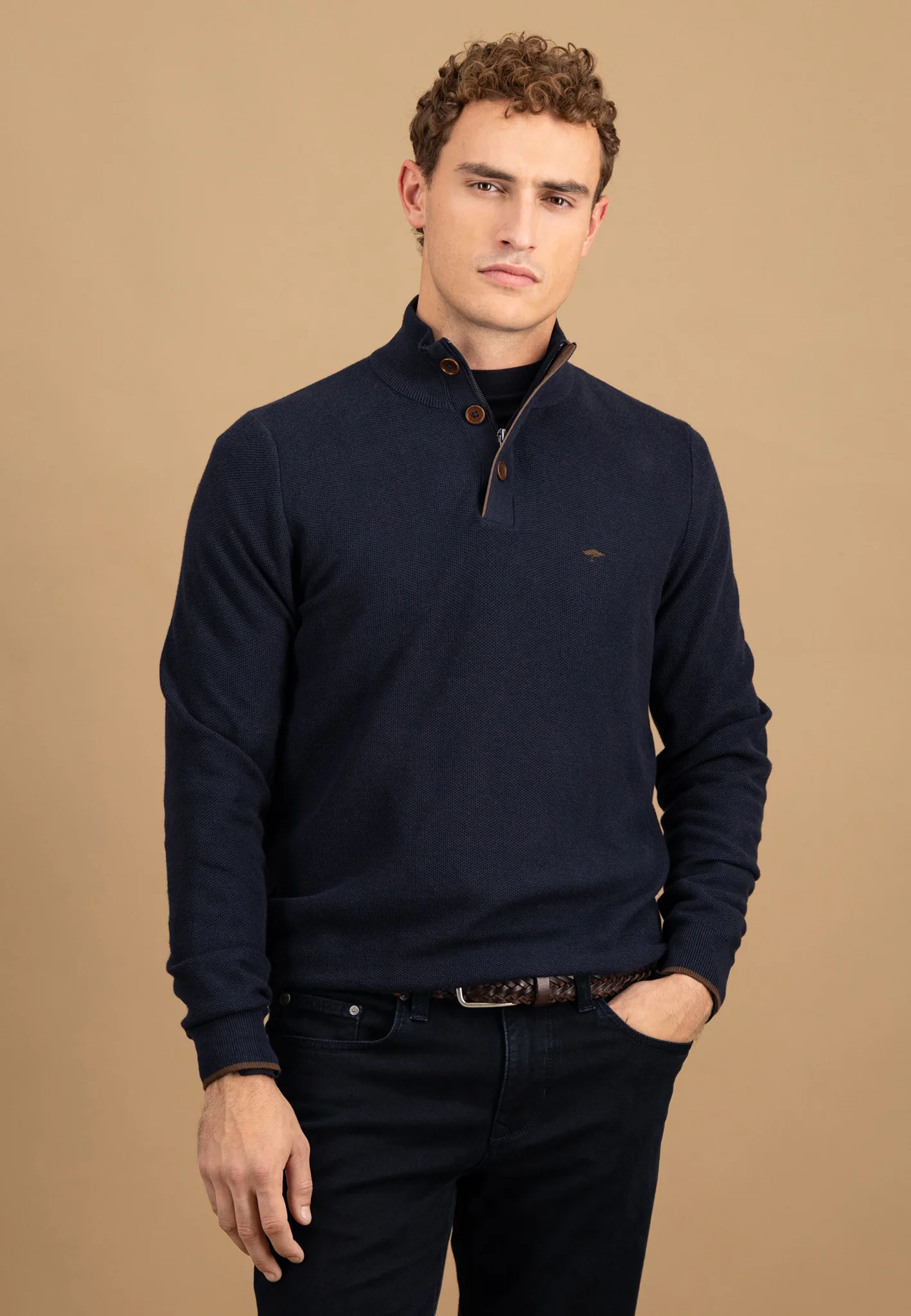 Pullover aus Baumwolle mit Knopfleiste und Stehkragen