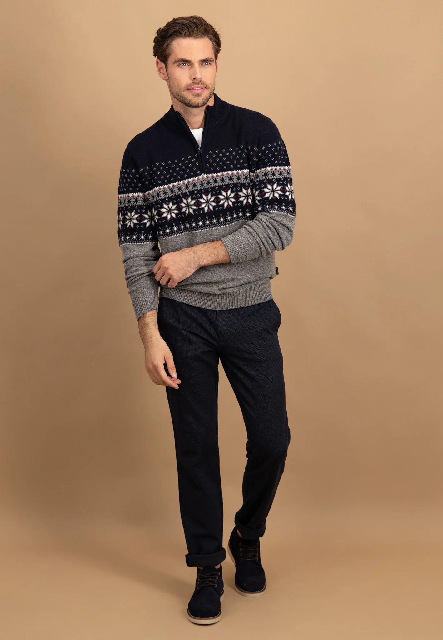 Pullover aus reiner Wolle mit Norwegermuster und Troyer-Kragen - Image 2