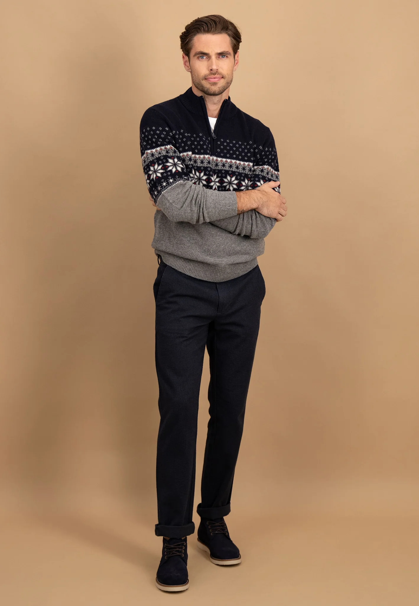 Pullover aus reiner Wolle mit Norwegermuster und Troyer-Kragen - Image 4