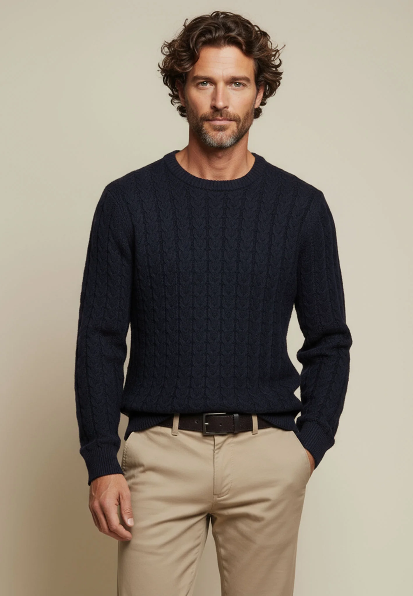 Pullover Baumwoll-Wollmix mit Rundhalsausschnitt und Zopfmuster