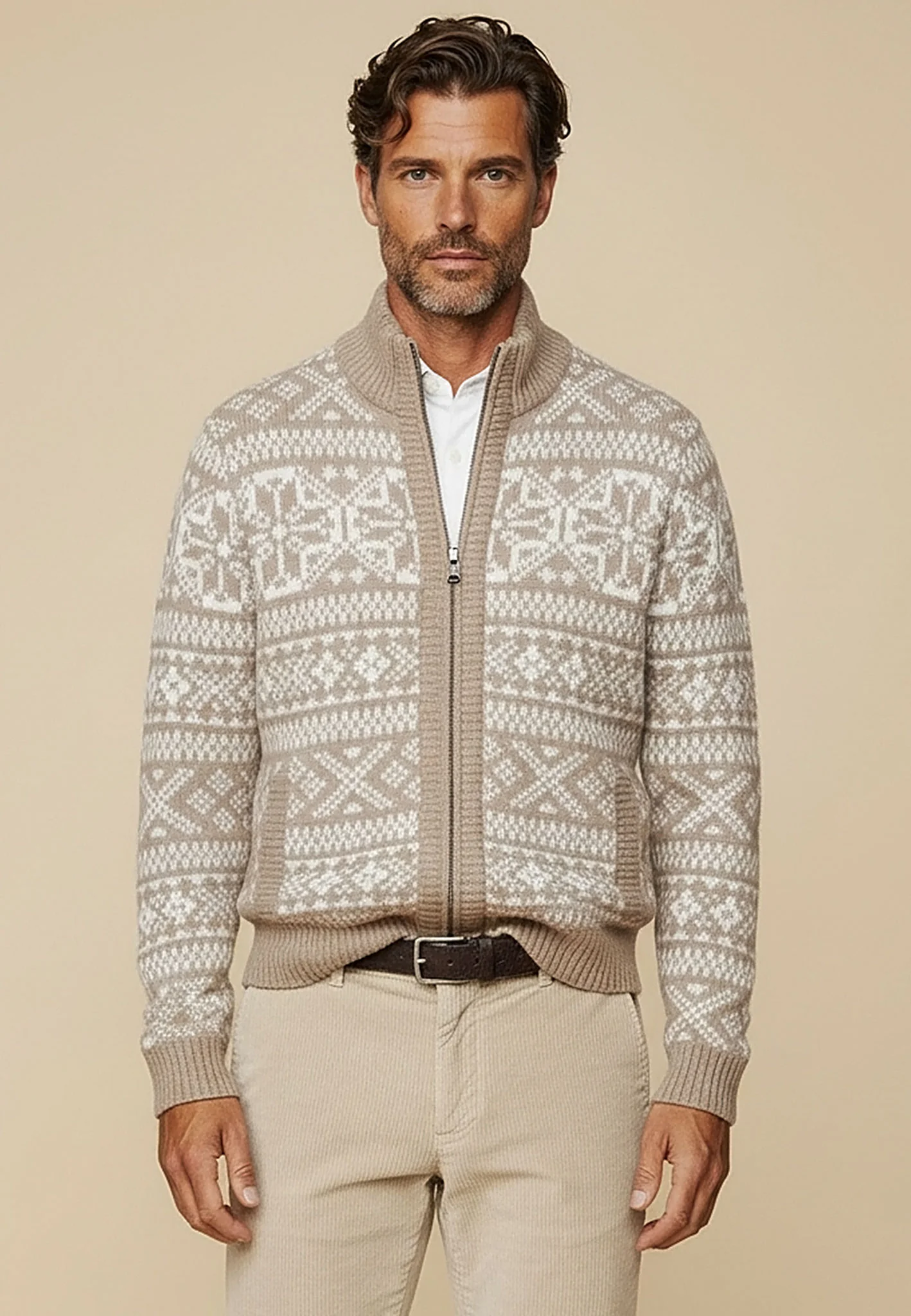 Strickjacke aus Wollmix mit Norweger-Muster und Reißverschluss