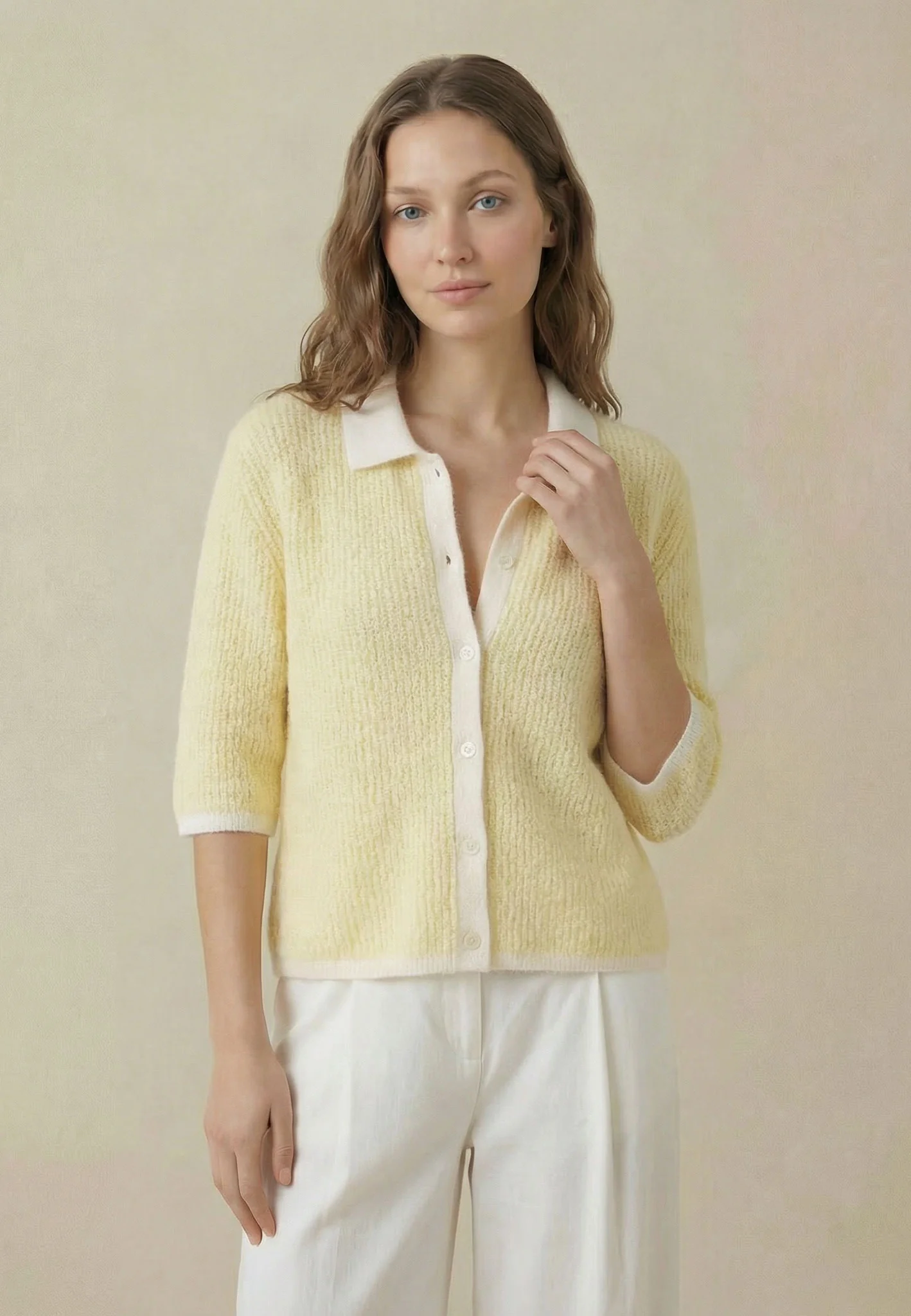 Strickjacke aus Wollmix mit Polokragen und 3/4-Arm - Image 5