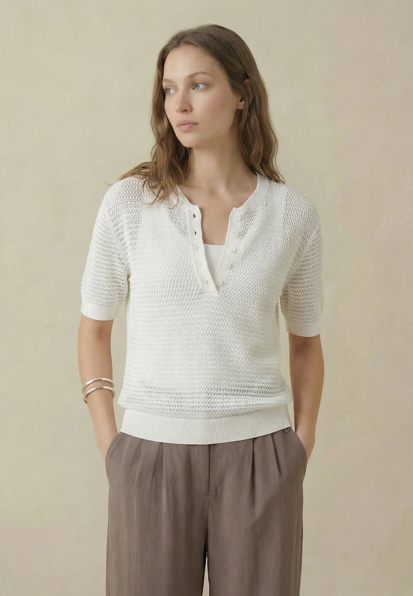 Strickshirt aus Baumwolle mit Knopfleiste und Strukturmuster